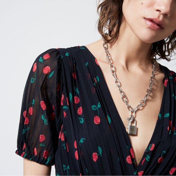 NWOT THE KOOPLES Pleated Navy Blue Midi Dress with Floral/Cherry Motif Size M - Picture 3 of 9